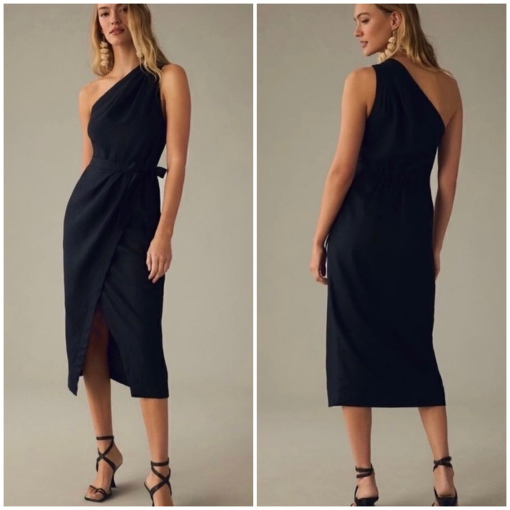 Anthropologie One-Shoulder Black Midi Dress - Size 6 NWT